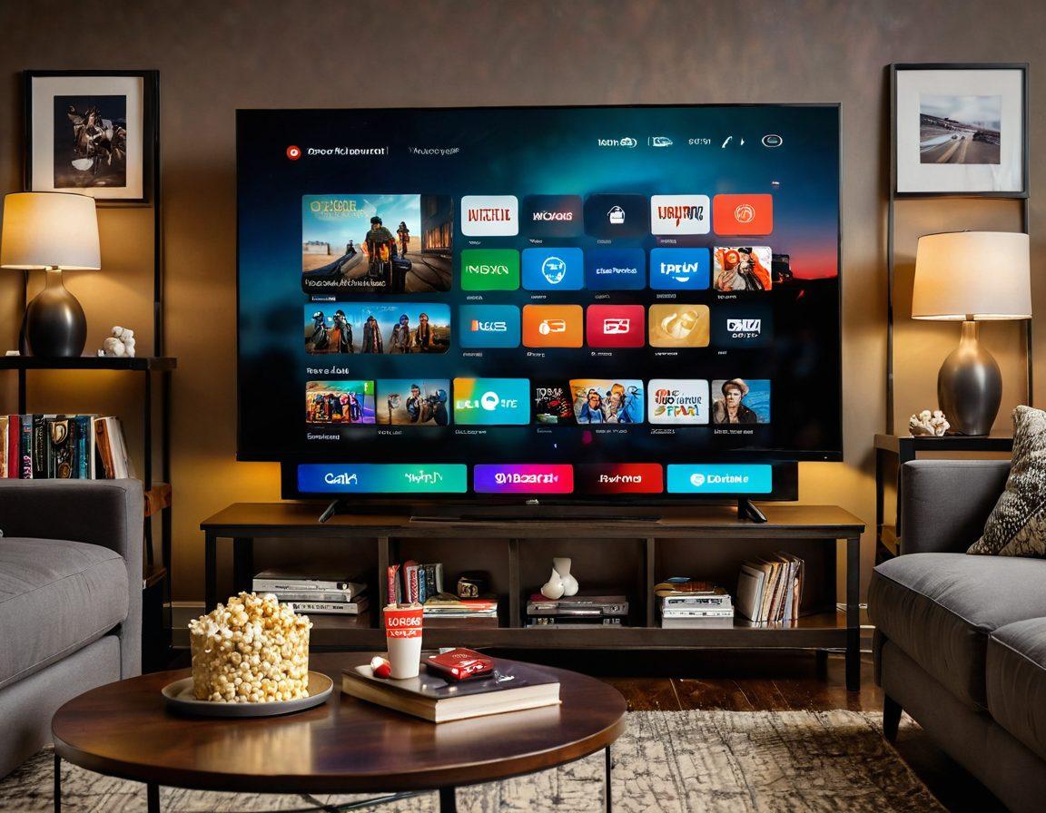 A visually engaging, dynamic scene depicting a cozy living room with a large screen displaying various live streaming apps and on-demand movie options. Include a remote control and popcorn to evoke a sense of entertainment, while soft ambient lighting creates a welcoming atmosphere. The background should feature a bookcase with movie memorabilia and streaming device setups. super-realistic. vibrant colors. cozy atmosphere.