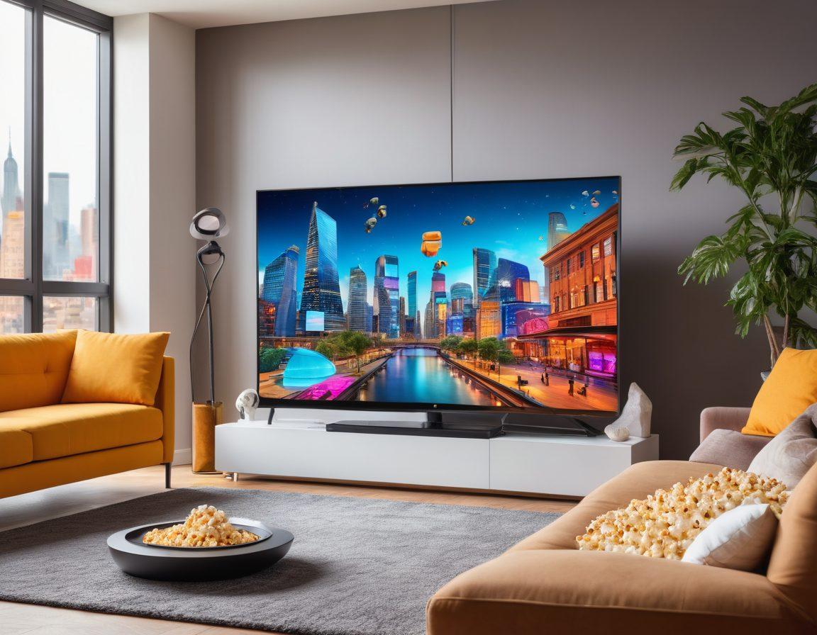 A collage depicting various digital entertainment forms: a large flat-screen TV displaying a series, a tablet with a streaming app open, VR headset with a futuristic city in the background, popcorn and a cozy couch in the foreground, symbolizing home entertainment. vibrant colors. modern design. 3D.