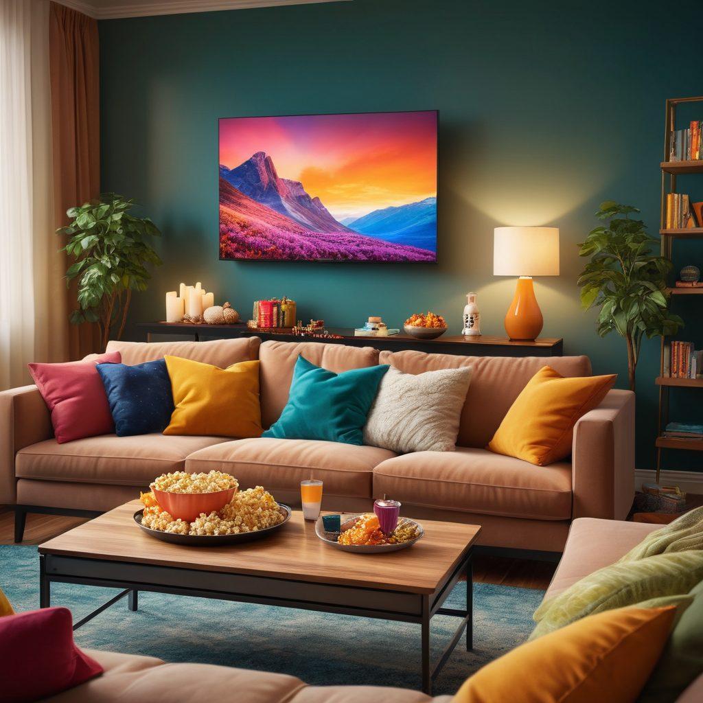 A cozy living room setting with a plush couch, a large flat-screen TV showing colorful streaming content, snacks like popcorn and soda on a coffee table, warm ambient lighting creating an inviting atmosphere, and a person relaxed with a remote in hand. super-realistic. vibrant colors. warm tones.